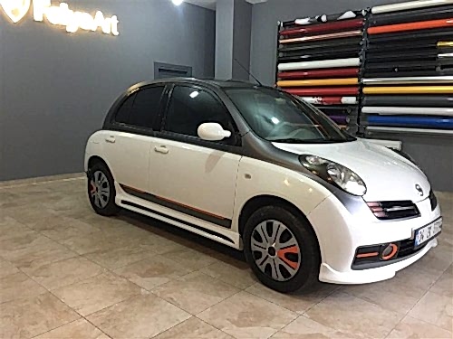 nissan micra araç kaplama cam filmi şerit kaplama turuncu gri siyah (2)